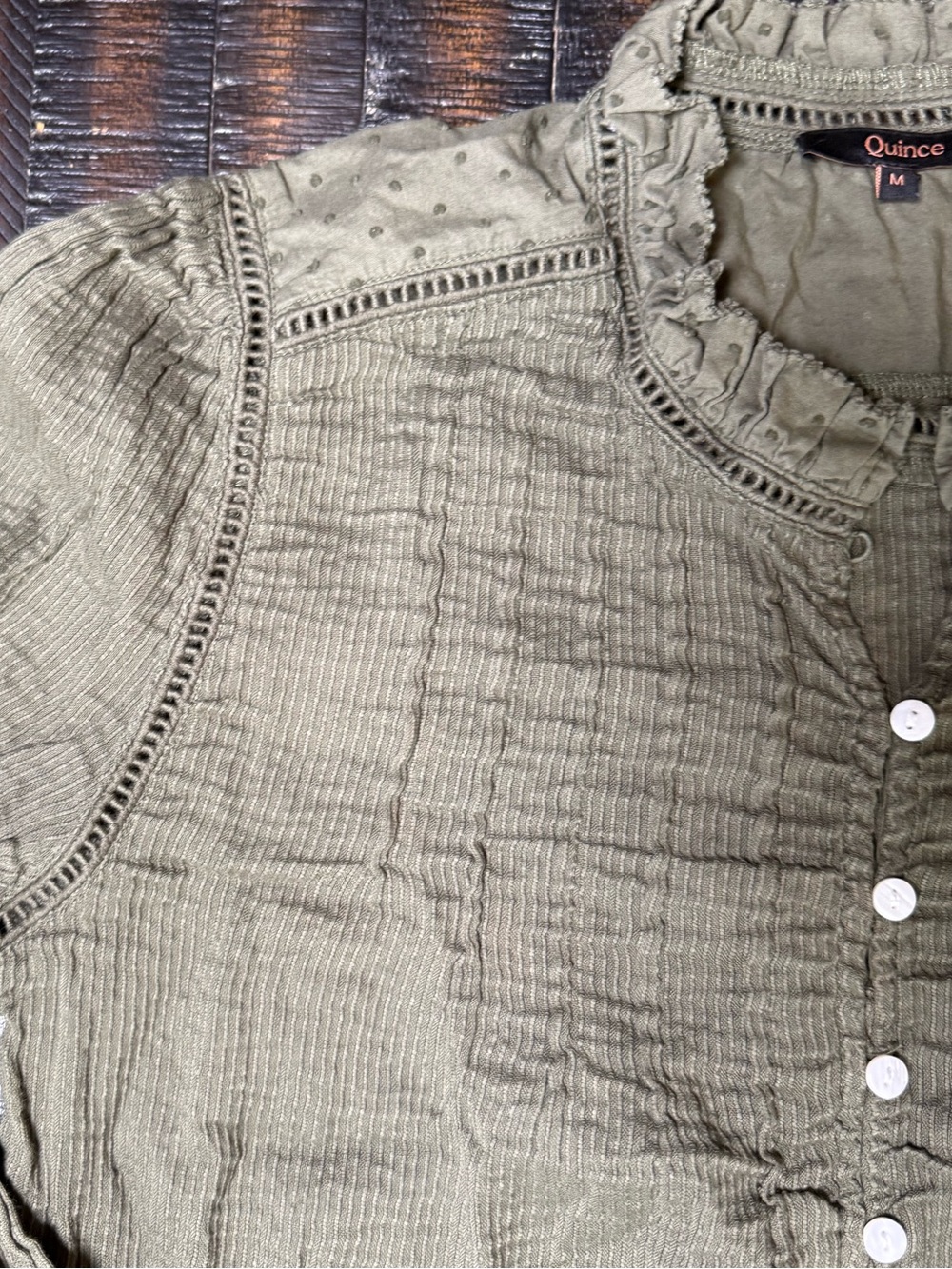 Quince Organic Textured Cotton Peasant Blouse Caper Green Ruffle Button Front Me - Picture 5 of 14
